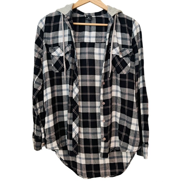 Plaid Button Down Shirt with Hood - Blue / Grey - Long Sleeve - High Low Hem XS - Picture 3 of 9
